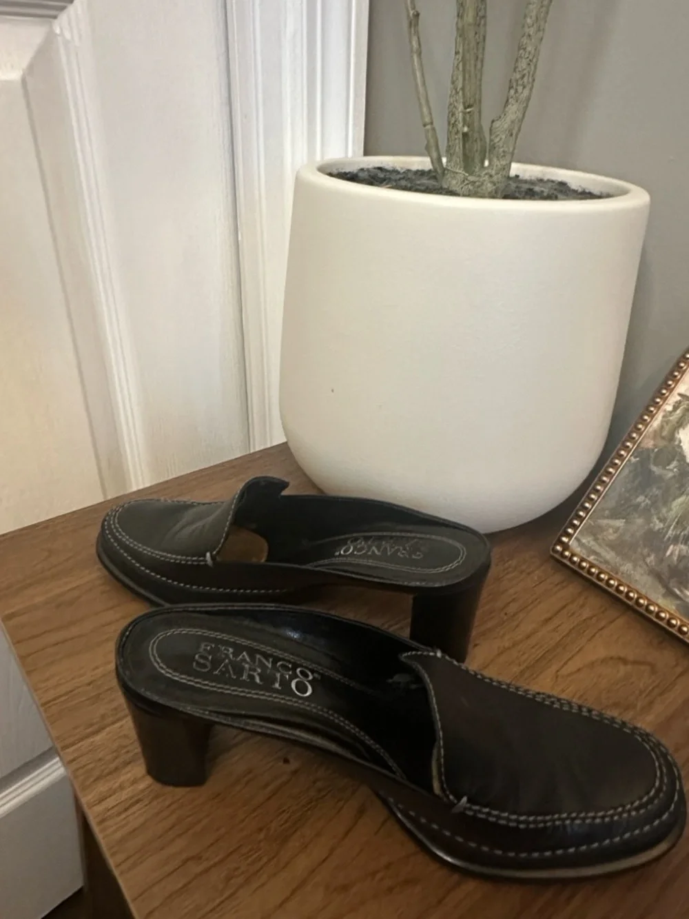 Franco Sarto Black Leather Mule Heels Loafer Slip On 5.5 Preppy Quiet Luxury - Picture 4 of 7